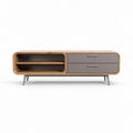 Bamboo media console with gray drawers and open shelving 150 x 40 x 50cm