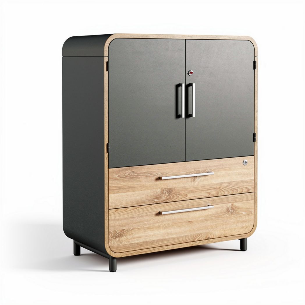 Wood and metal storage cabinet with two drawers and double doors 80 x 50 x 100cm