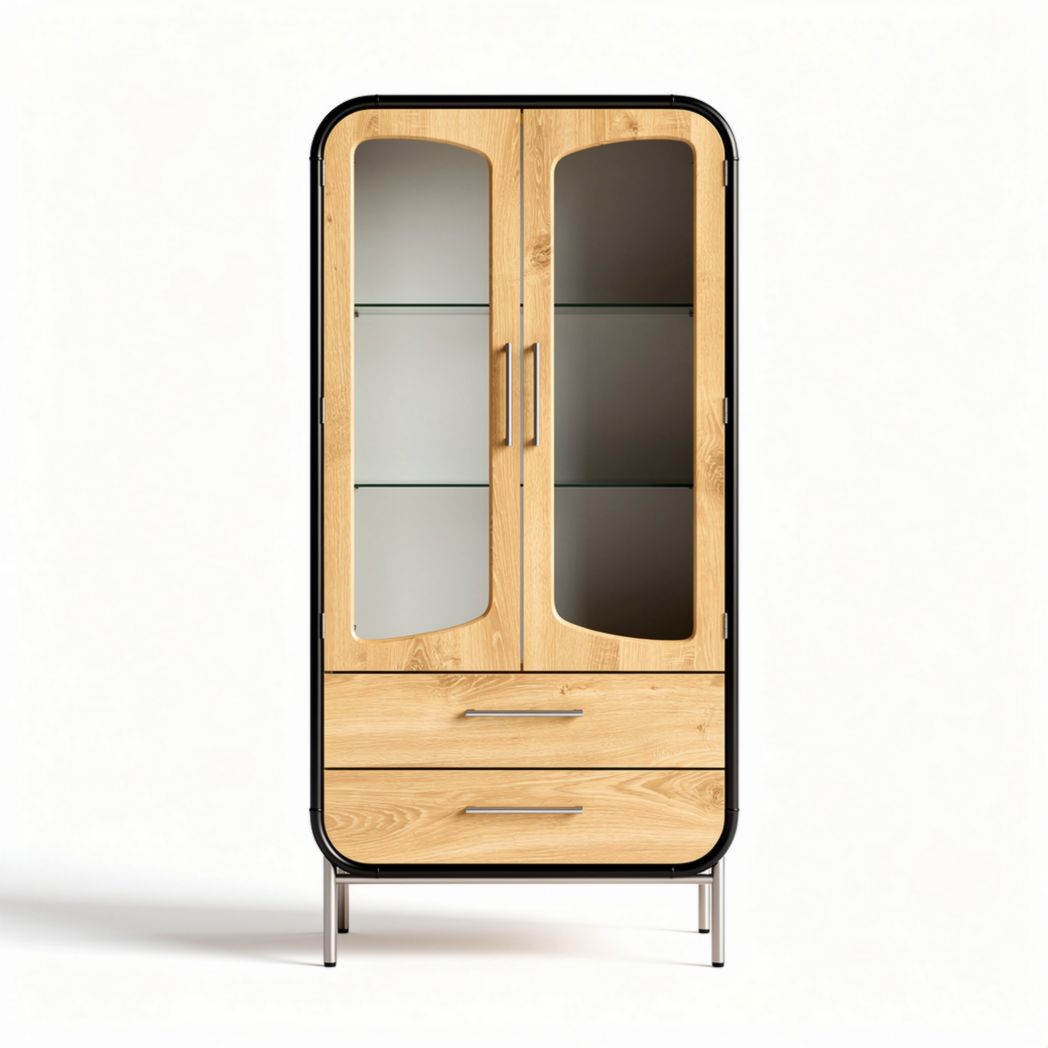 Wood and glass display cabinet with two drawers and four shelves 80 x 40 x 160cm