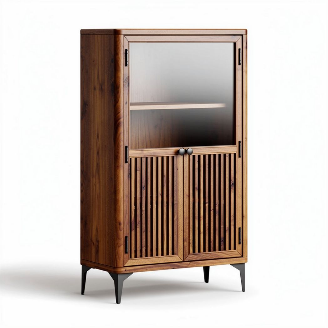 Wooden cabinet with glass doors and slatted design for storage 80 x 40 x 120cm