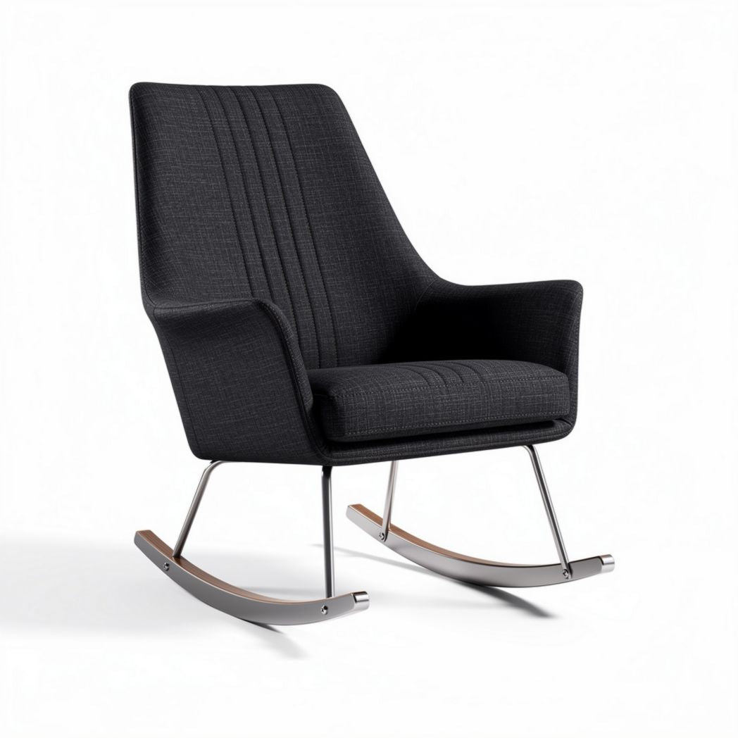 Rocking chair with upholstered fabric in charcoal gray and steel frame