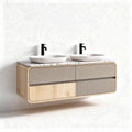 Wall-mounted double sink vanity with natural wood finish and stone countertop 120 x 50 x 40cm