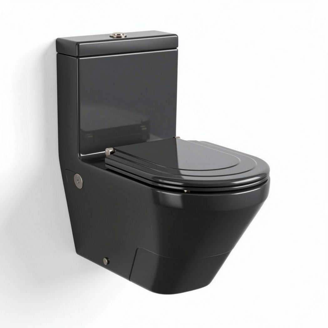 Wall-mounted black toilet with dual flush feature and compact design 45 x 36 x 75cm