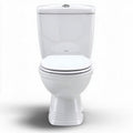 Two-piece white porcelain toilet with elongated bowl design for efficient use