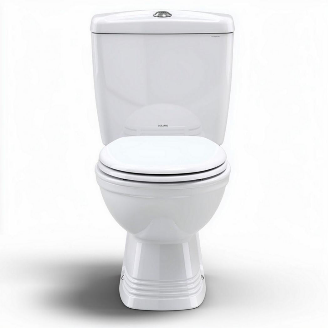 Two-piece white porcelain toilet with elongated bowl design for efficient use