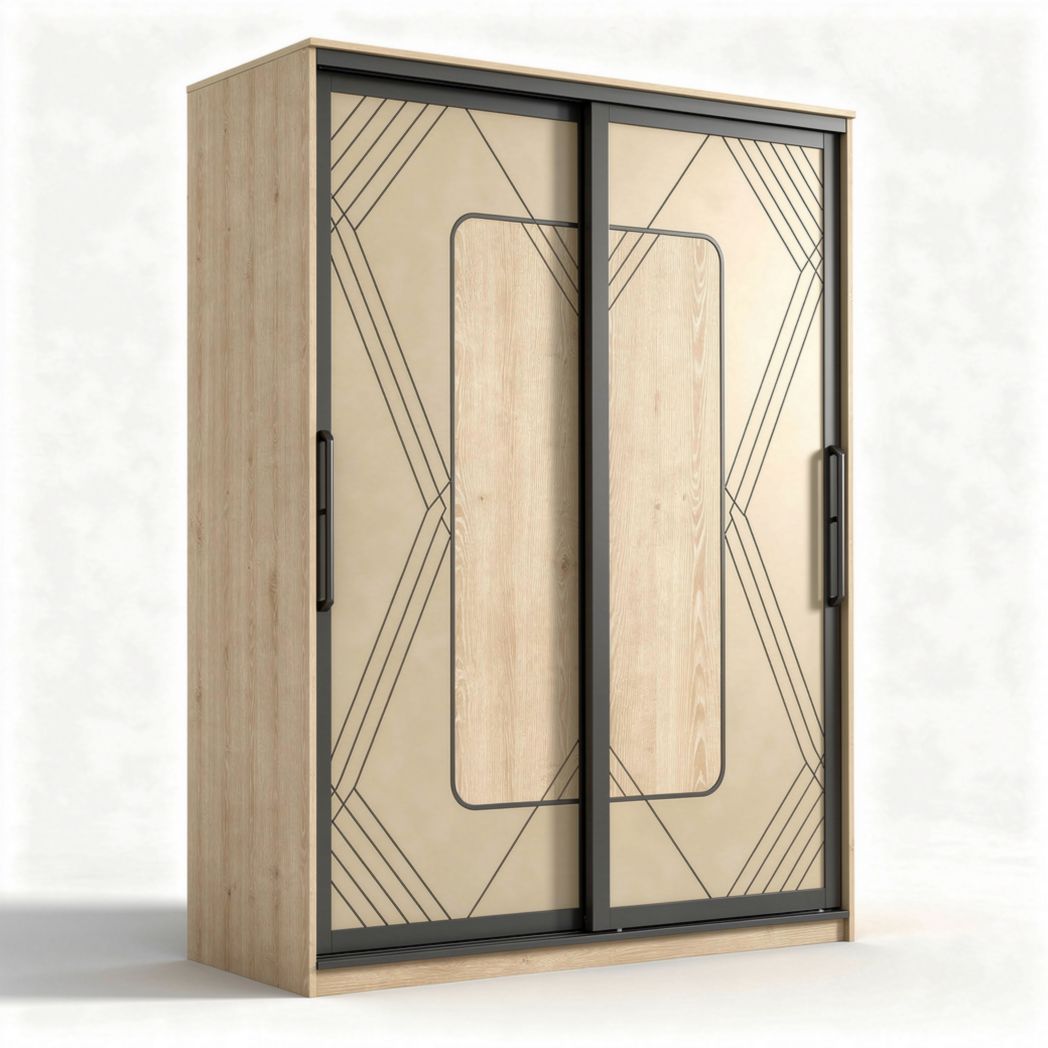 Sliding door wardrobe with geometric design in light wood finish 150 x 80 x 200cm