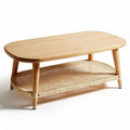 Natural oak coffee table with woven rattan shelf 120 x 60 x 40cm