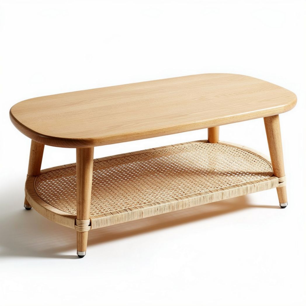 Natural oak coffee table with woven rattan shelf 120 x 60 x 40cm