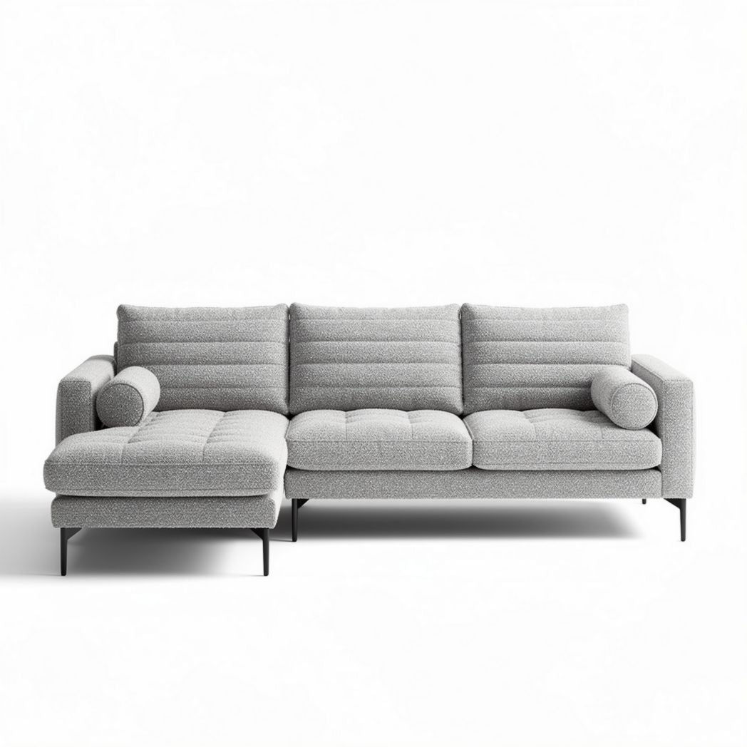 Grey sectional sofa with plush cushions and tapered metal legs 250 x 90 x 85cm