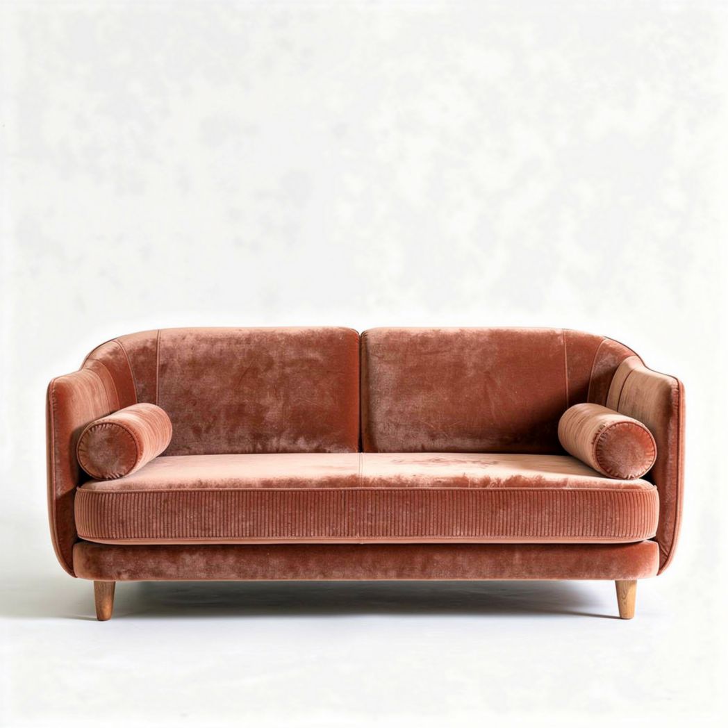 Sofa with rounded arms in soft rose velvet upholstery 200 x 90 x 80cm